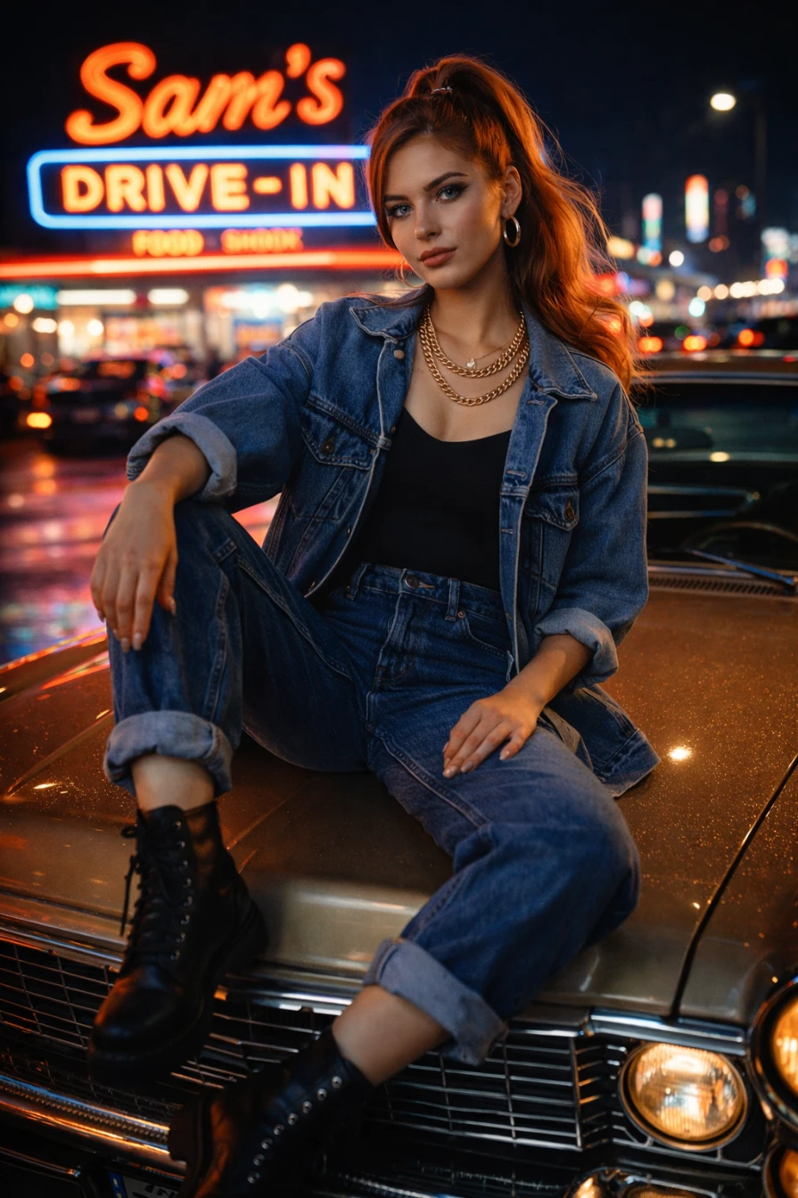 American Night Drive In Neon Fashion Editorial Photography Prompt AI generation example for Car Portrait - Identity Preservation: 100% identical to reference; preserve face, makeup, hair, skin tone, and prop...