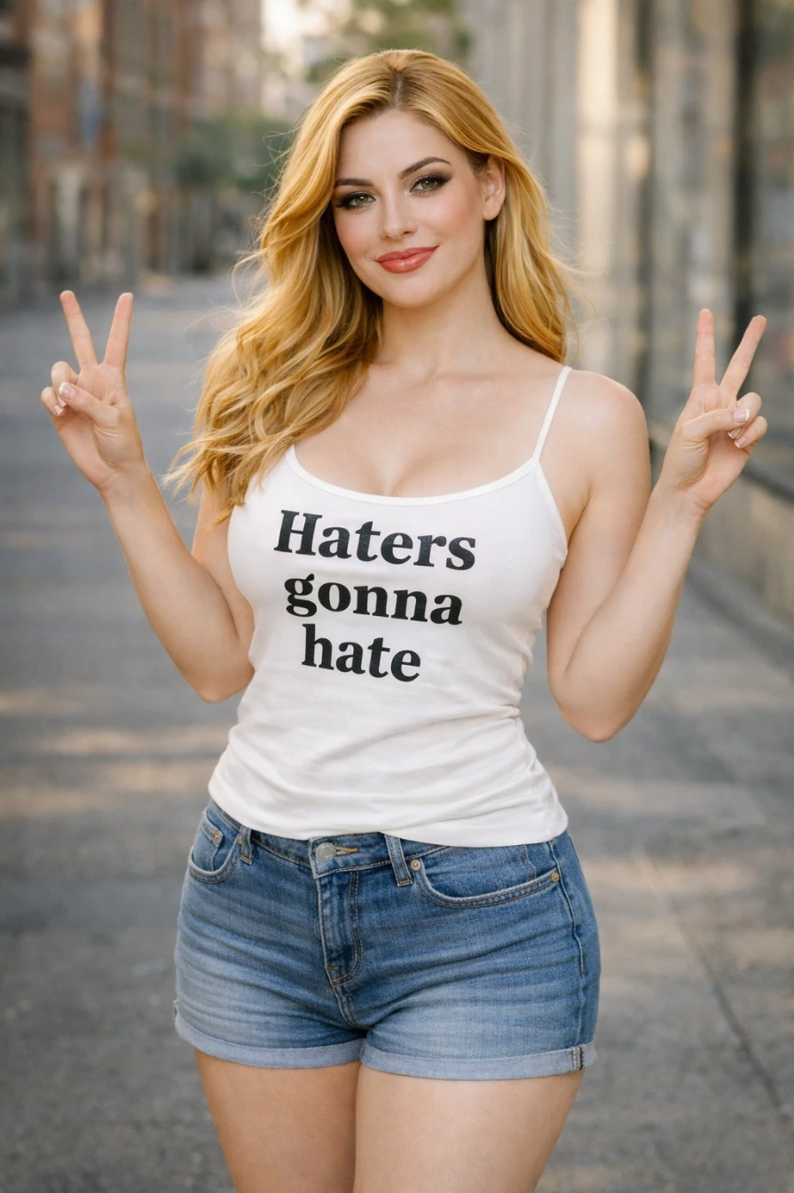 Playful Blonde Street Style Portrait AI Prompt Urban Fashion AI generation example for Fashion Portrait - Prompt:

SUBJECT & POSE: Using the face source image, render a standing, facing camera, hands show...