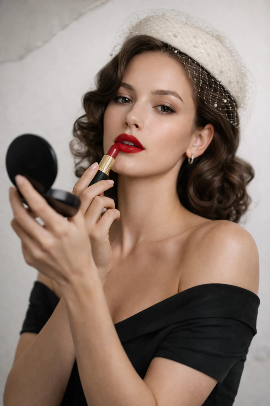 Vintage Glam Portrait Photography Prompt for Midjourney AI generation example for Female Portrait - {
  "subject": {
    "description": "Oval-shaped face with smooth skin and subtle sheen, visible m...