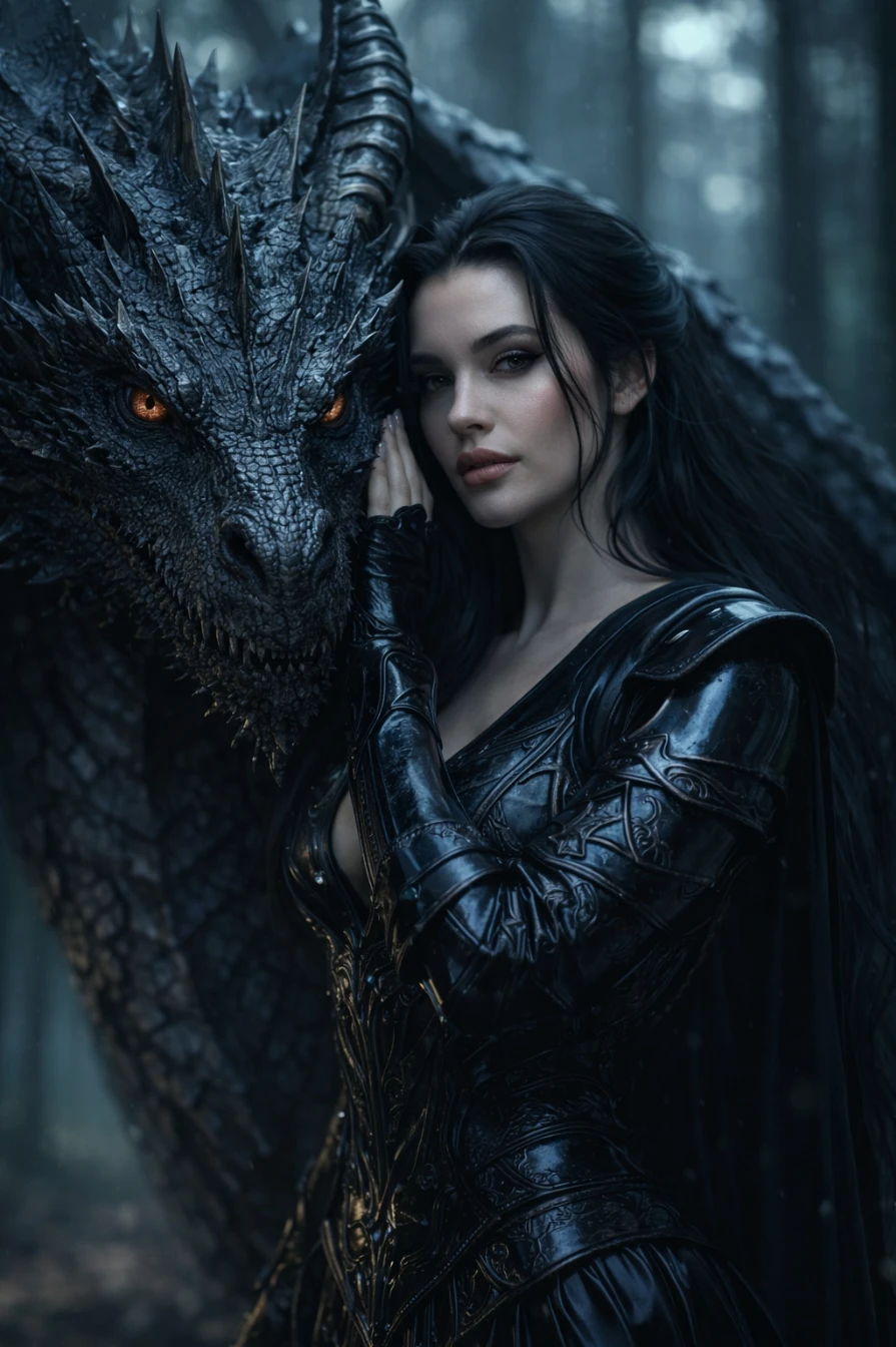 Dark Dragon Guardian – Cinematic Fantasy Woman with Dragon in Mystical Forest AI generation example for Cinematic Portrait