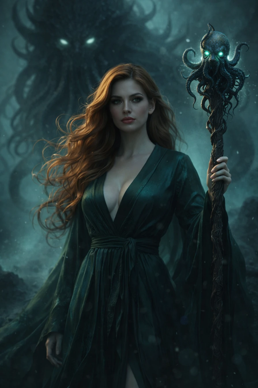 Dark Sorceress of the Abyss – Cinematic Fantasy Woman with Eldritch Creature AI generation example for Cinematic Portrait