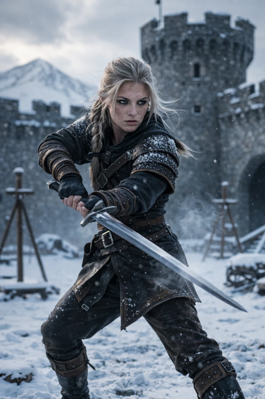 Ice Warrior Woman in Snow Battle – Ultra Realistic Cinematic Fantasy Sword Fighter AI generation example for Cinematic Portrait
