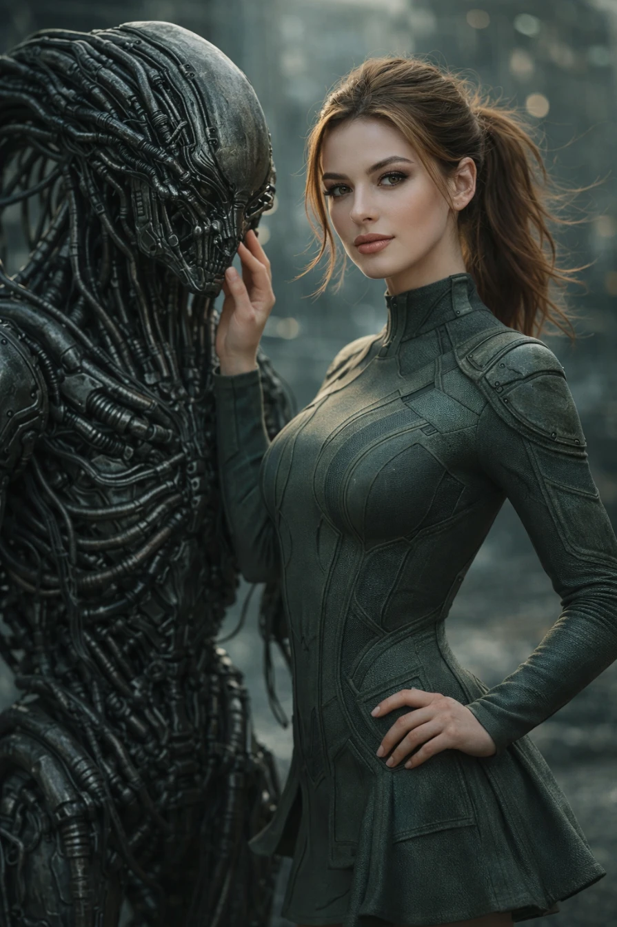 Ultra-Realistic Sci-Fi Cinematic Portrait with Biomechanical Alien AI generation example for Cinematic Portrait