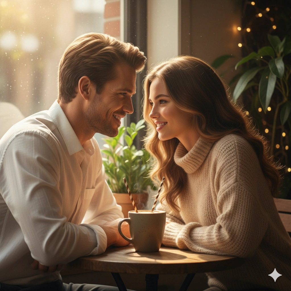 Cozy couple cafe portrait AI generation example for Couple Portrait