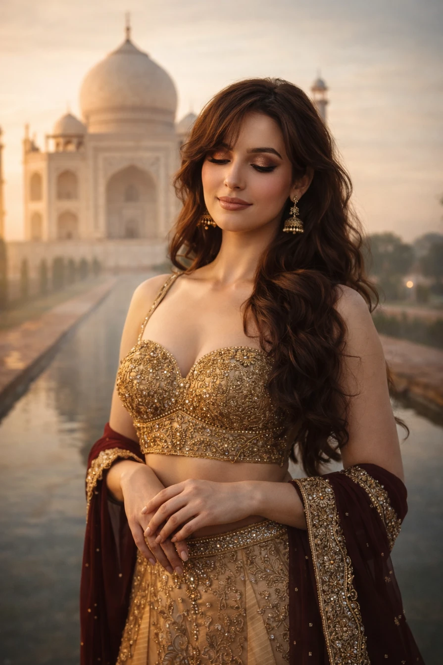 Ultra Realistic Indian Beauty in Golden Lehenga at Taj Mahal AI generation example for Fashion Portrait