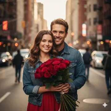 City Lights & Red Roses — A Modern Rose Day Romance AI generation example for Happy Rose Day