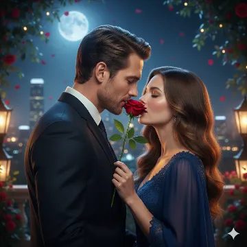 Rose Kiss Under Moonlight — Hollywood-Style Face-Lock Romance AI generation example for Happy Rose Day
