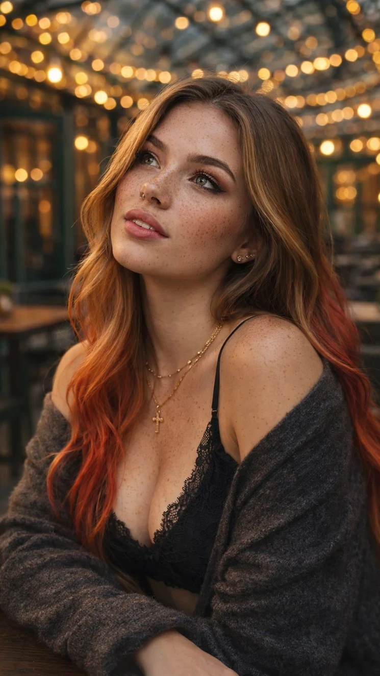 Cinematic Freckled Red Ombre Hair Girl at Café – Ultra Realistic Golden Hour Portrait AI generation example for Hot Girl Portrait