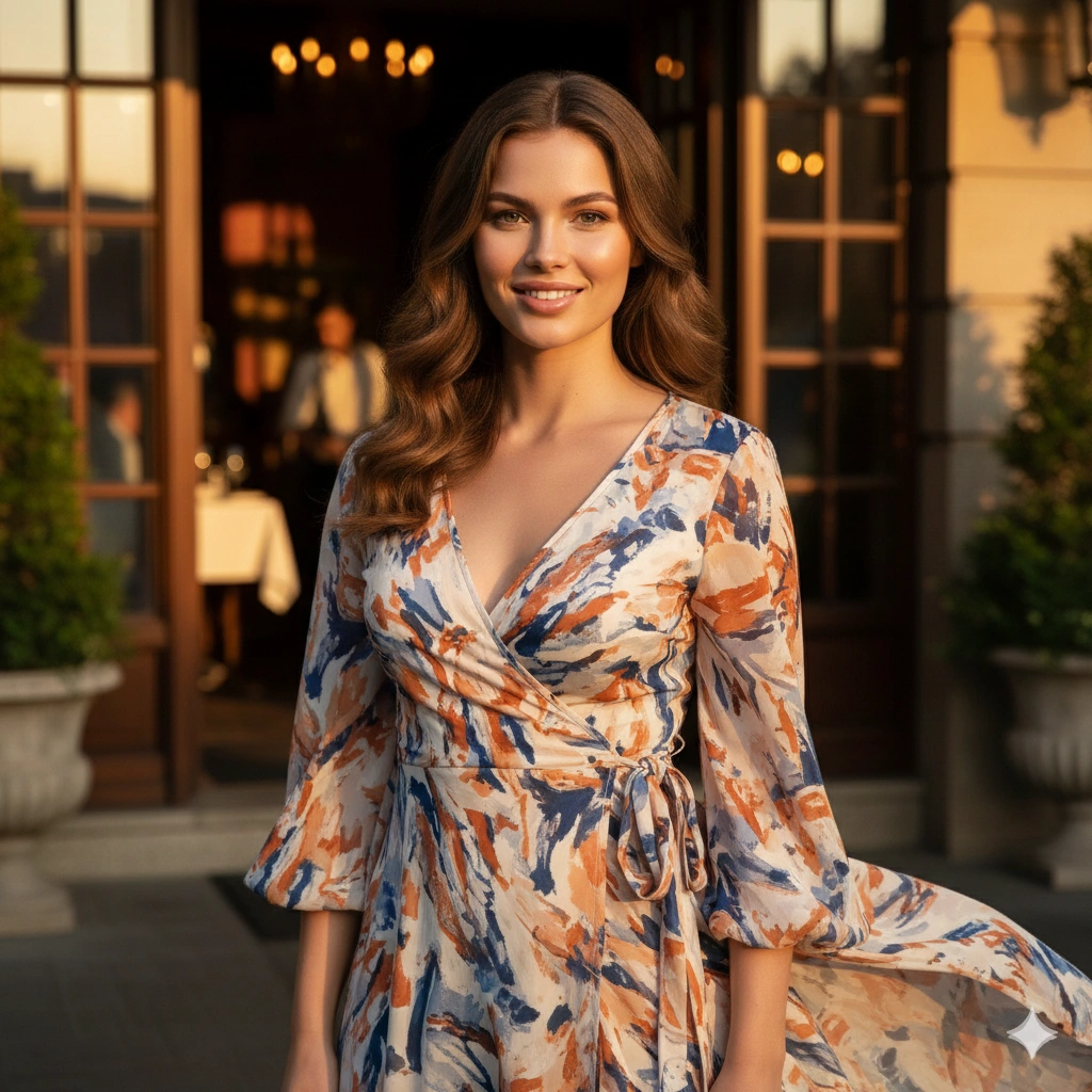 Printed Wrap Dress Dinner Portrait AI generation example for Hot Girl Portrait
