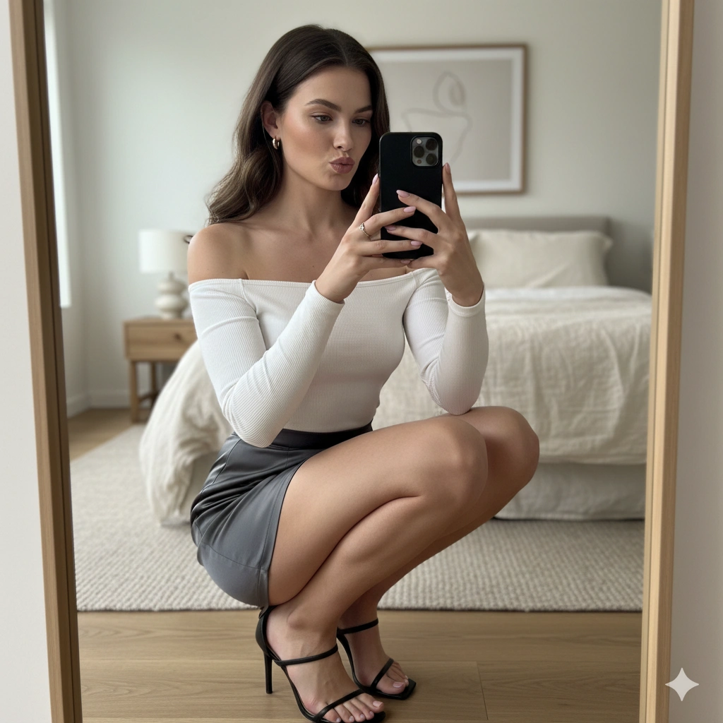 Candid Squat Mirror Selfie Prompt AI generation example for Hot Girl Portrait