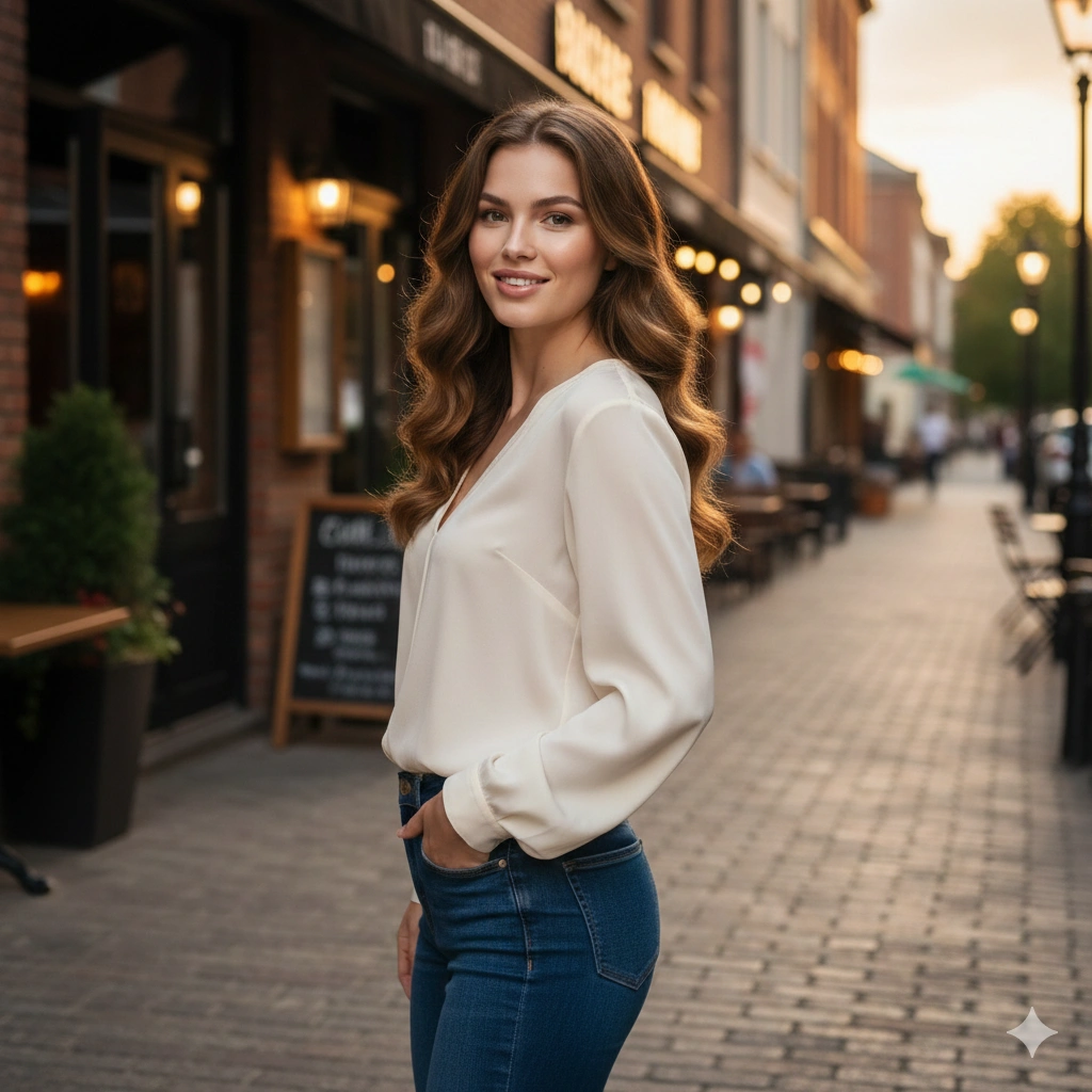Classic Jeans And Pretty Blouse Dinner Portrait AI generation example for Hot Girl Portrait