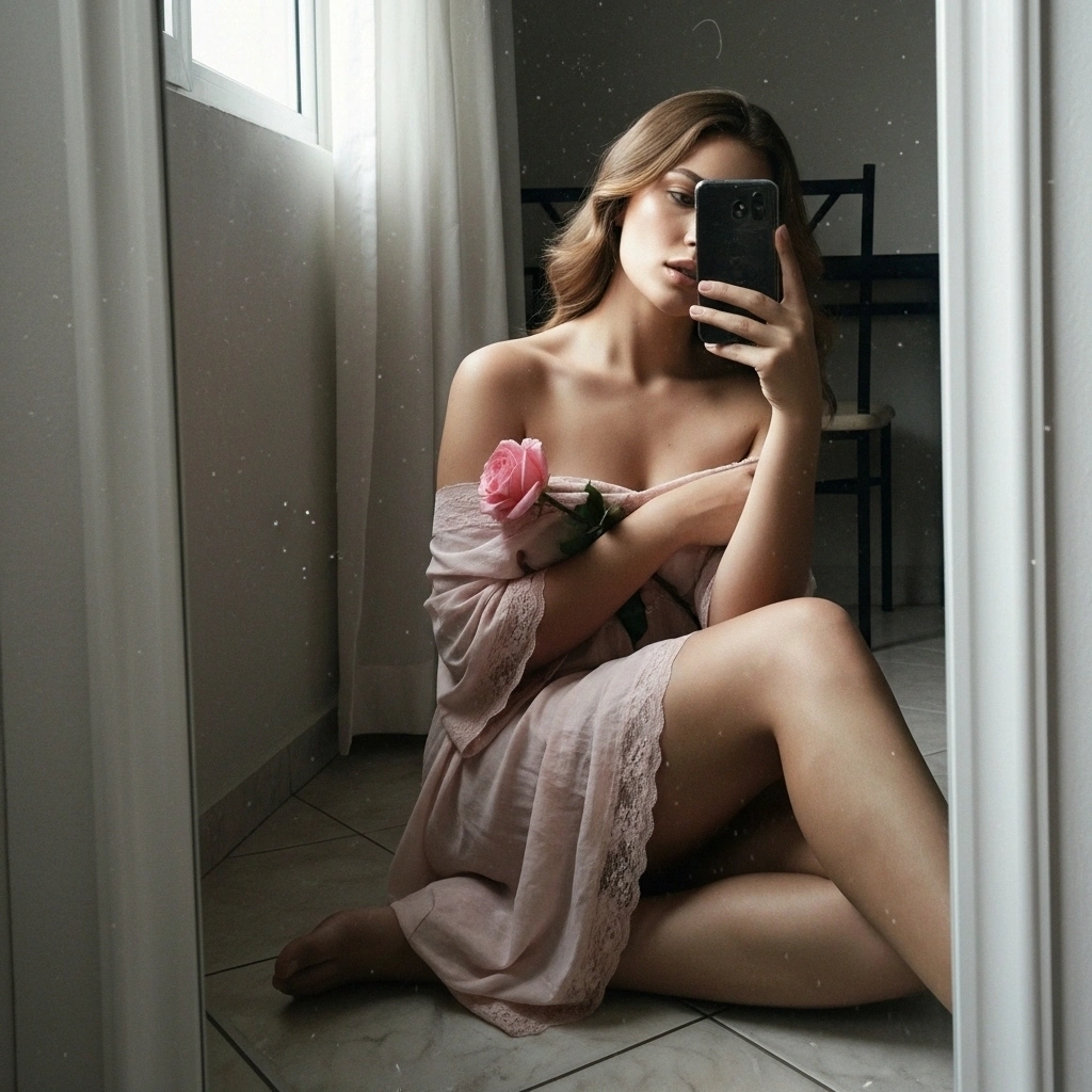 Vintage Mirror Selfie Ultra Realistic Tumblr Aesthetic Prompt AI generation example for Hot Girl Portrait