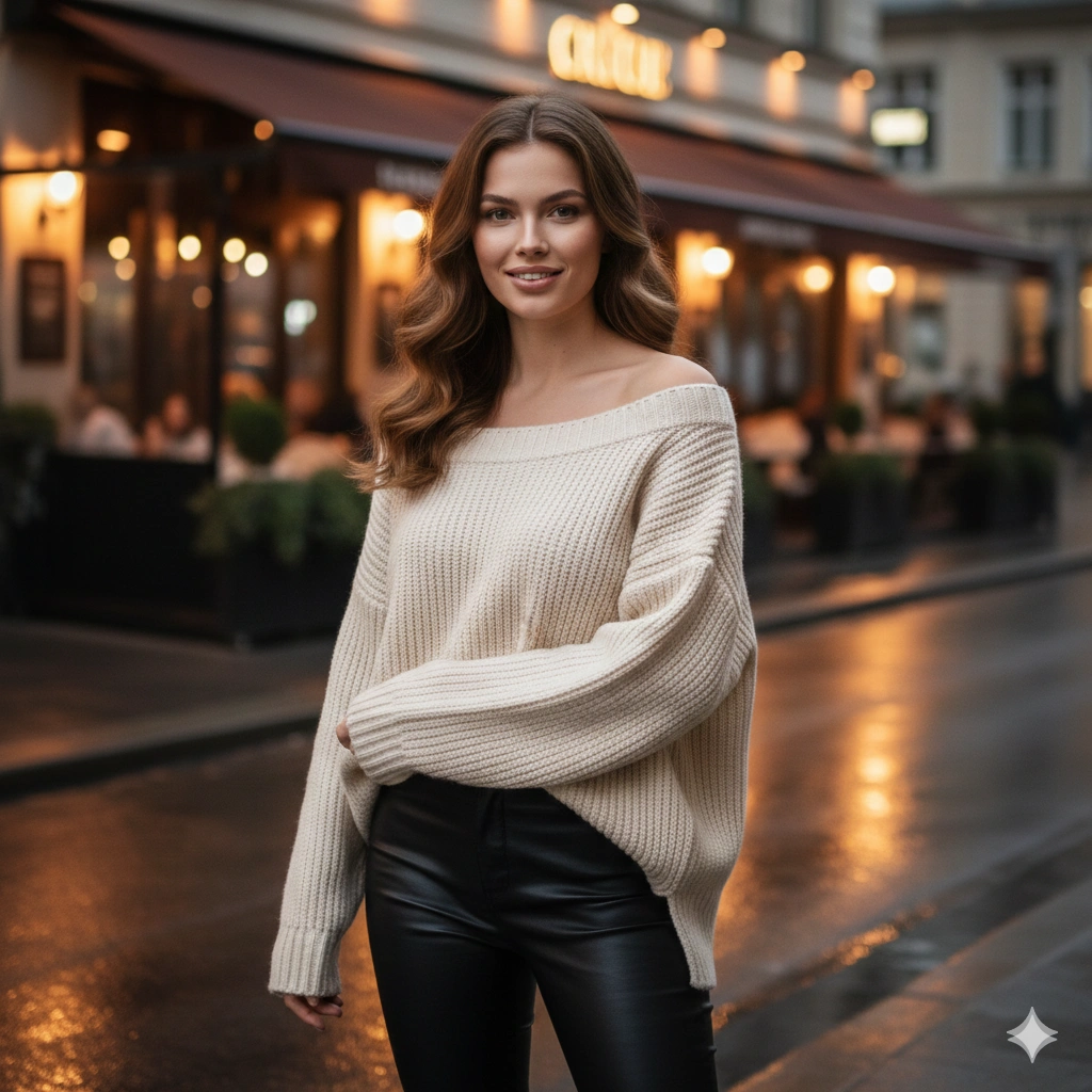 Cozy Sweater Leather Pants Portrait AI generation example for Hot Girl Portrait