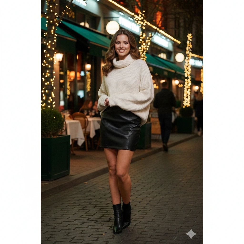 Leather Skirt Cozy Knit Portrait AI generation example for Hot Girl Portrait