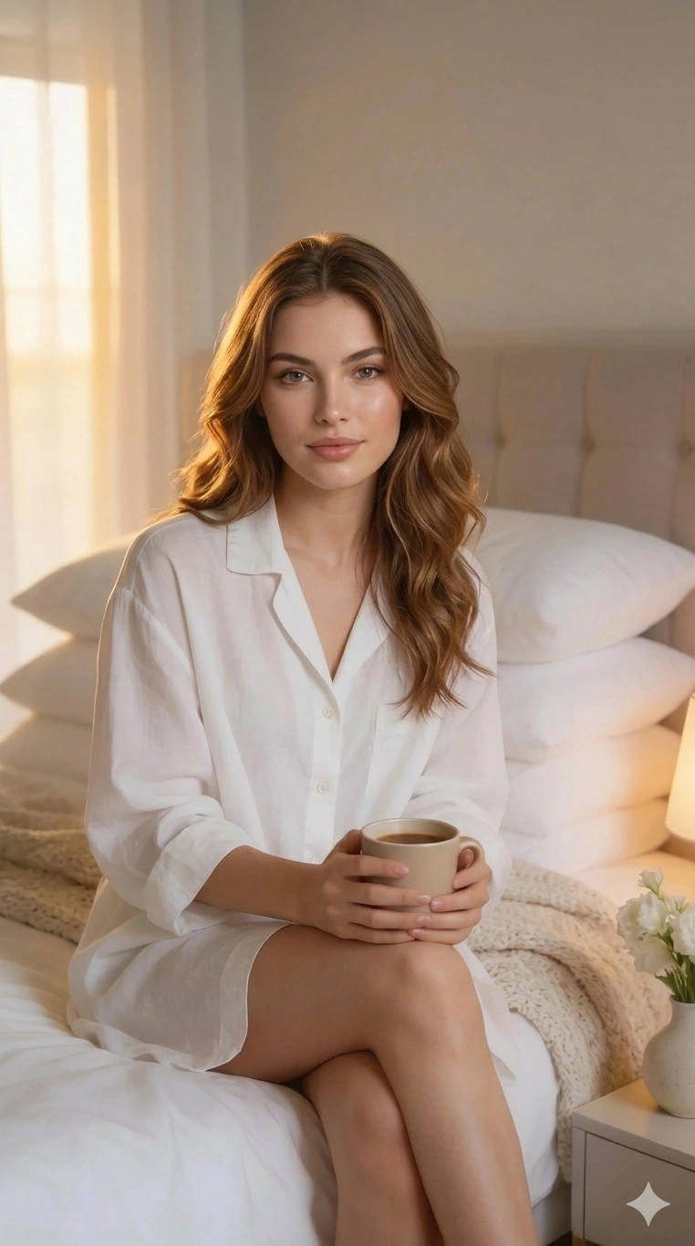 Morning Tea Bedroom Portrait AI Prompt AI generation example for Lifestyle Portrait