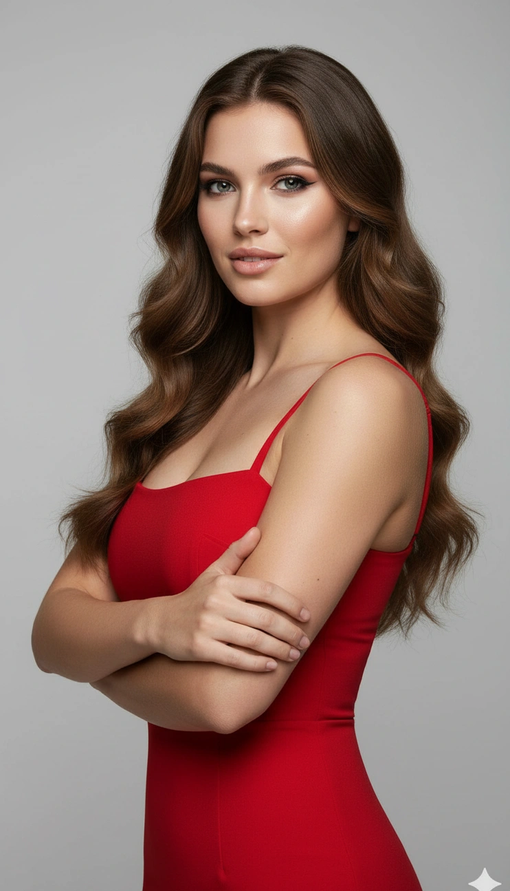 Red Dress Ultra-Realistic Studio Portrait AI Prompt AI generation example for Lifestyle Portrait