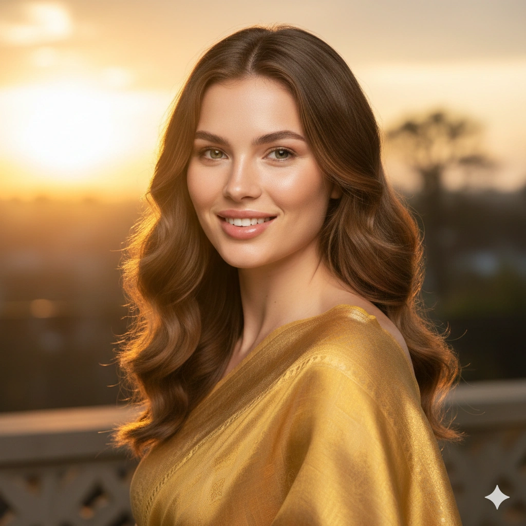 Golden hour saree portrait AI generation example for Traditional Portrait