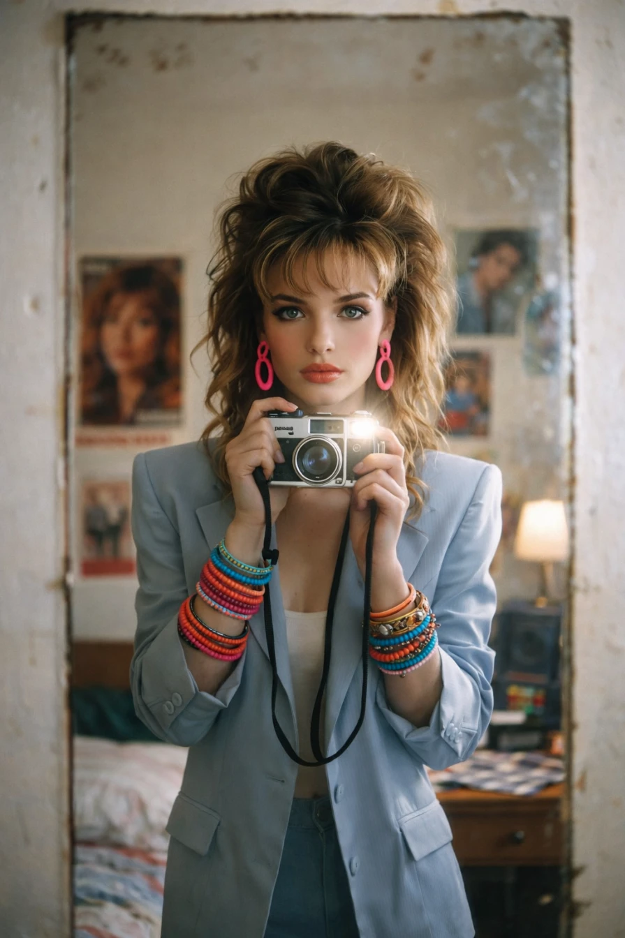 80s Retro Camera Girl Aesthetic – Vintage Bedroom Photography Prompt AI generation example for Vintage Editorial Portrait