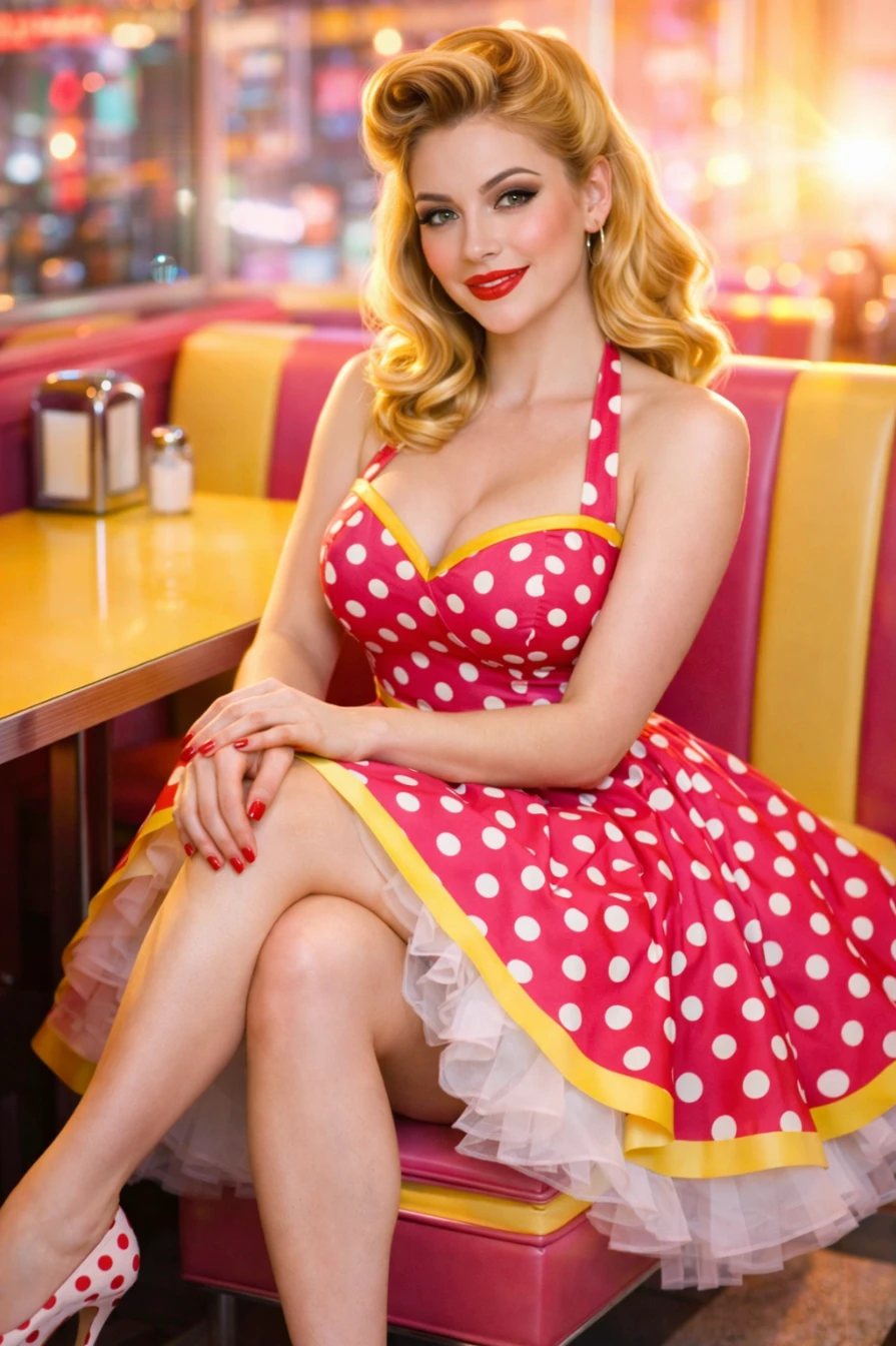 Retro Pin-Up Diner Photo Portrait Prompt AI generation example for Vintage Editorial Portrait