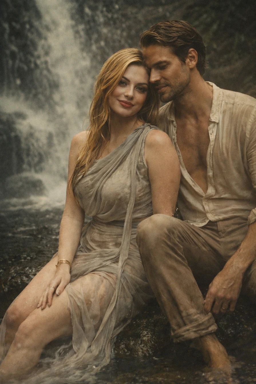Woman & Man at the Waterfall – Reto Style Photo Portrait Prompt AI generation example for Vintage Editorial Portrait