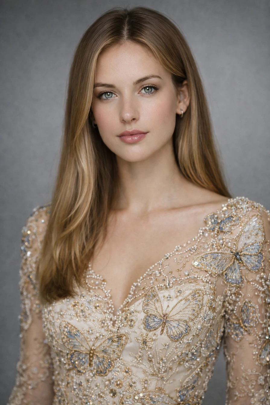 Elegant Butterfly Embroidery Portrait Photorealistic Flux AI Prompt AI generation example for Lifestyle Portrait - {
  "subject": {
    "description": "Oval face shape with smooth, fair skin. Distinctive features ...