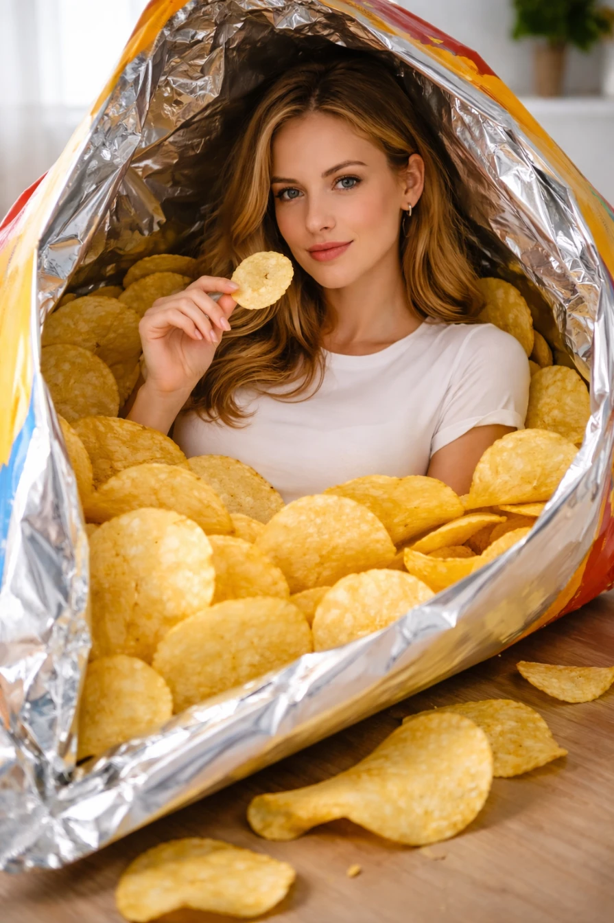 Surreal Giant Chips Bag Conceptual Photography Prompt AI generation example for Moody Portrait - Identity Preservation: 100% identical to reference; preserve face, makeup, hair, skin tone, and prop...
