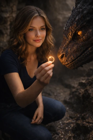 Cinematic Cave Dragon Ring Interaction Ultra Realistic Photography AI generation example for Cinematic Portrait - { "subject": { "description": "Oval face shape with a light complexion a...