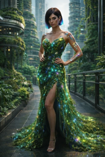 Eco Futuristic Fashion Model Bioluminescent Editorial Photography AI generation example for Cinematic Portrait - Identity Preservation: 100% identical to reference; preserve face, makeup, hair,...
