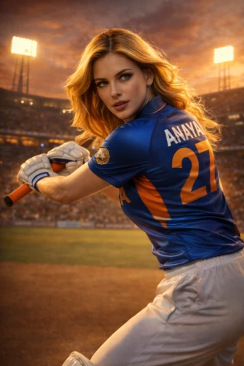 IPL Cricket Teams Girl AI Photo Editing Prompt AI generation example for Cricket Prompts - { "player_name": "Anaya Verma", "jersey_name": "ANAYA", "jersey_number"...