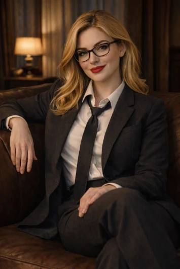 Confident Woman in Suit Photorealistic Portrait Midjourney AI generation example for Female Portrait - { "subject": { "description": "Person with light skin, seated comfortabl...