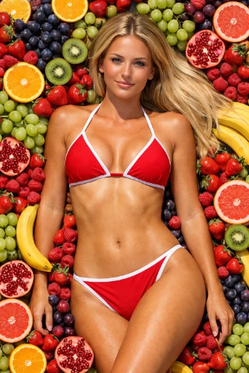 **Blonde Bikini Fruit Mosaic Photorealistic Top View Midjourney Prompt** AI generation example for Hot Girl Portrait - A vibrant, photorealistic top down photo depicting a young caucasian woman with ...
