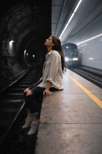 Between Two Worlds Split Reality Cinematic Editorial Photography Prompt AI generation example for Moody Portrait - Identity Preservation: 100% identical to reference; preserve face, makeup, hair,...